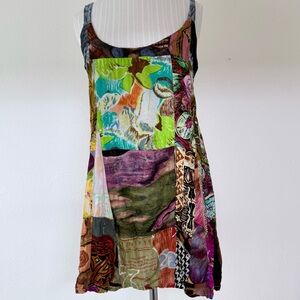 Vtg 90’s Love Tent Patchwork Rayon Mini Dress/ Tunic Boho Hippie Art To Wear S/M